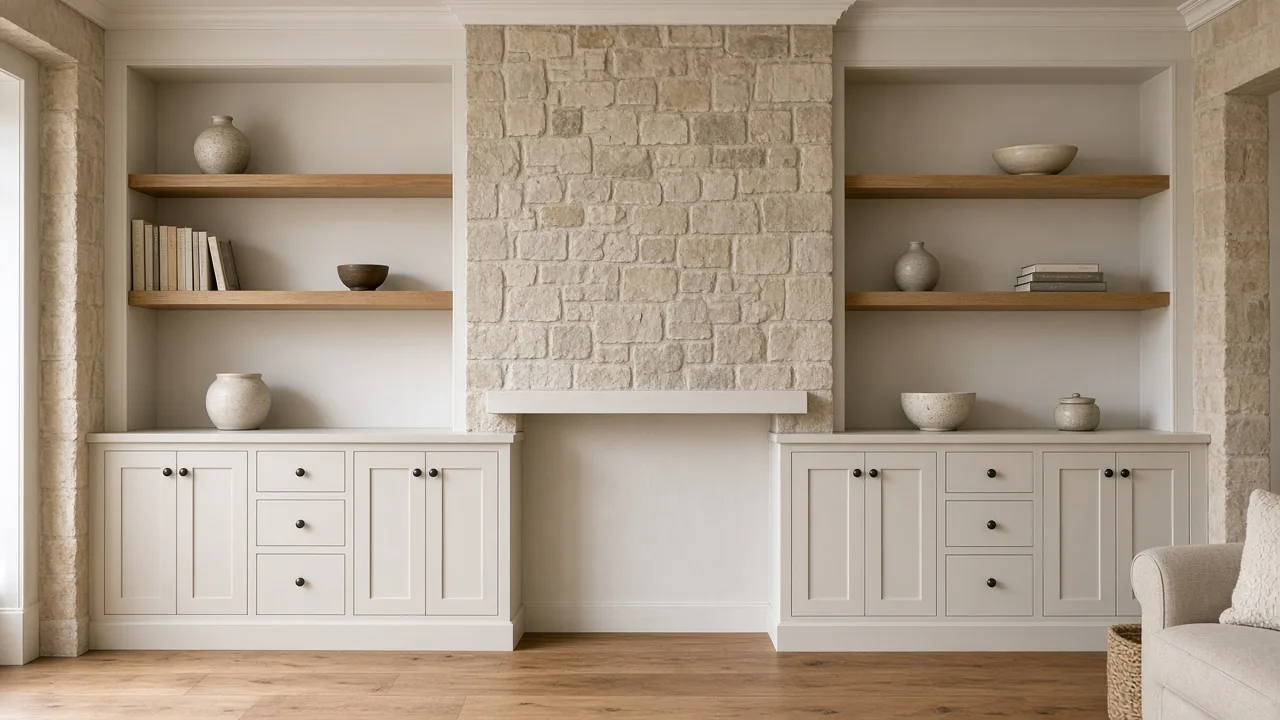 Alcove shelving example with paired fitted shelves and lower cupboards around a recess.
