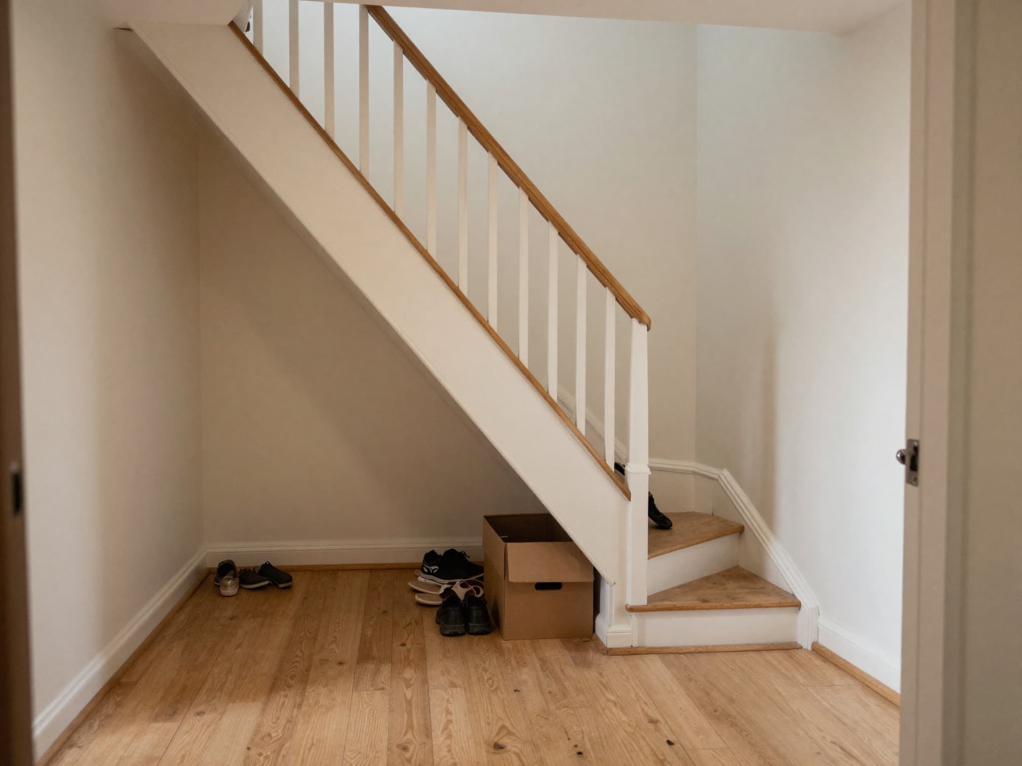 AI-generated illustration: an empty unused under-stairs void with scattered shoes and a cardboard box.