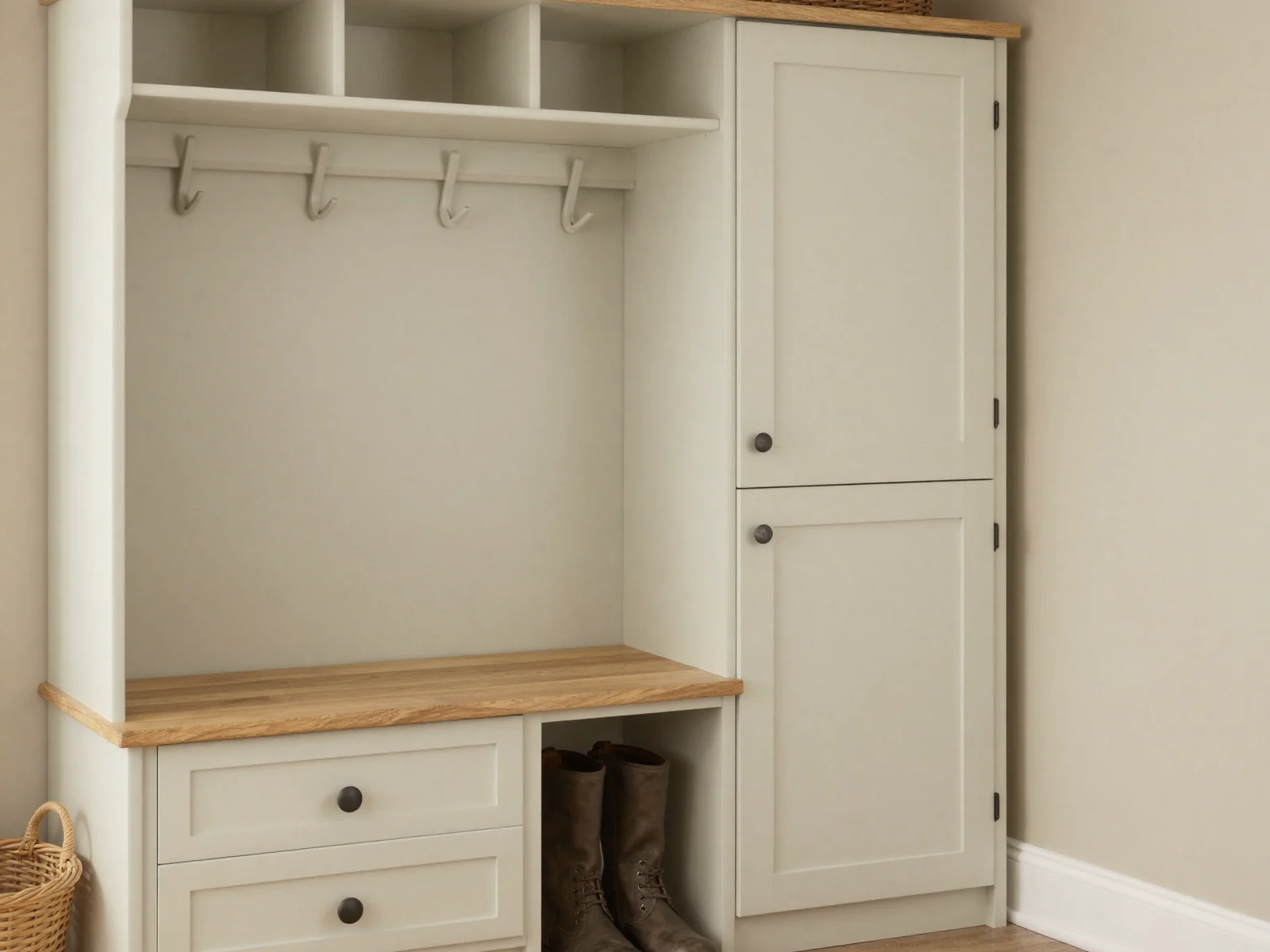 Hallway boot-room storage with a tall painted cupboard, coat hooks, an oak bench and open cubbies for bags and shoes