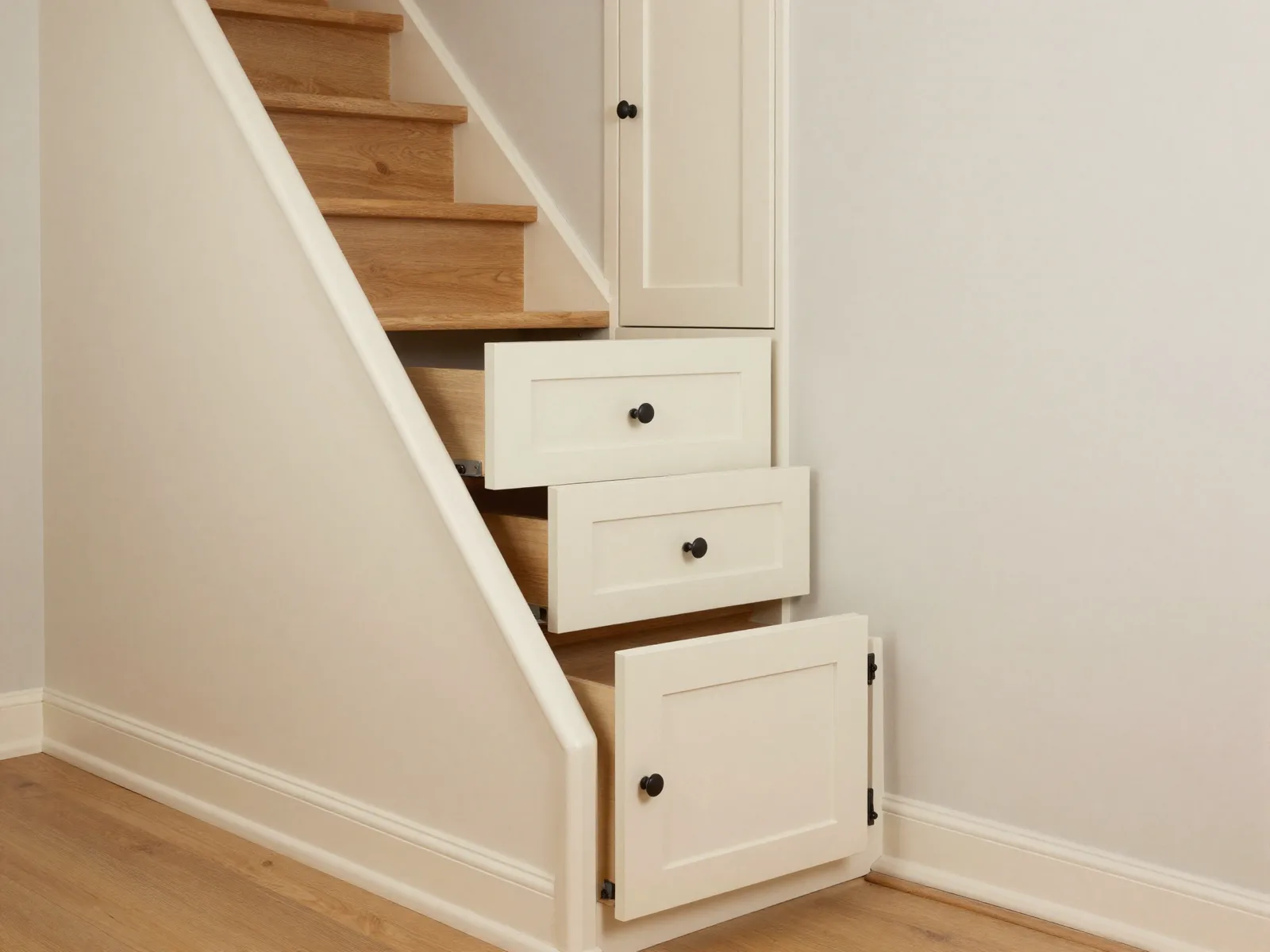 Made-to-measure under-stairs storage with angled painted doors, a drawer bank at the low end and a tall cupboard at the high end