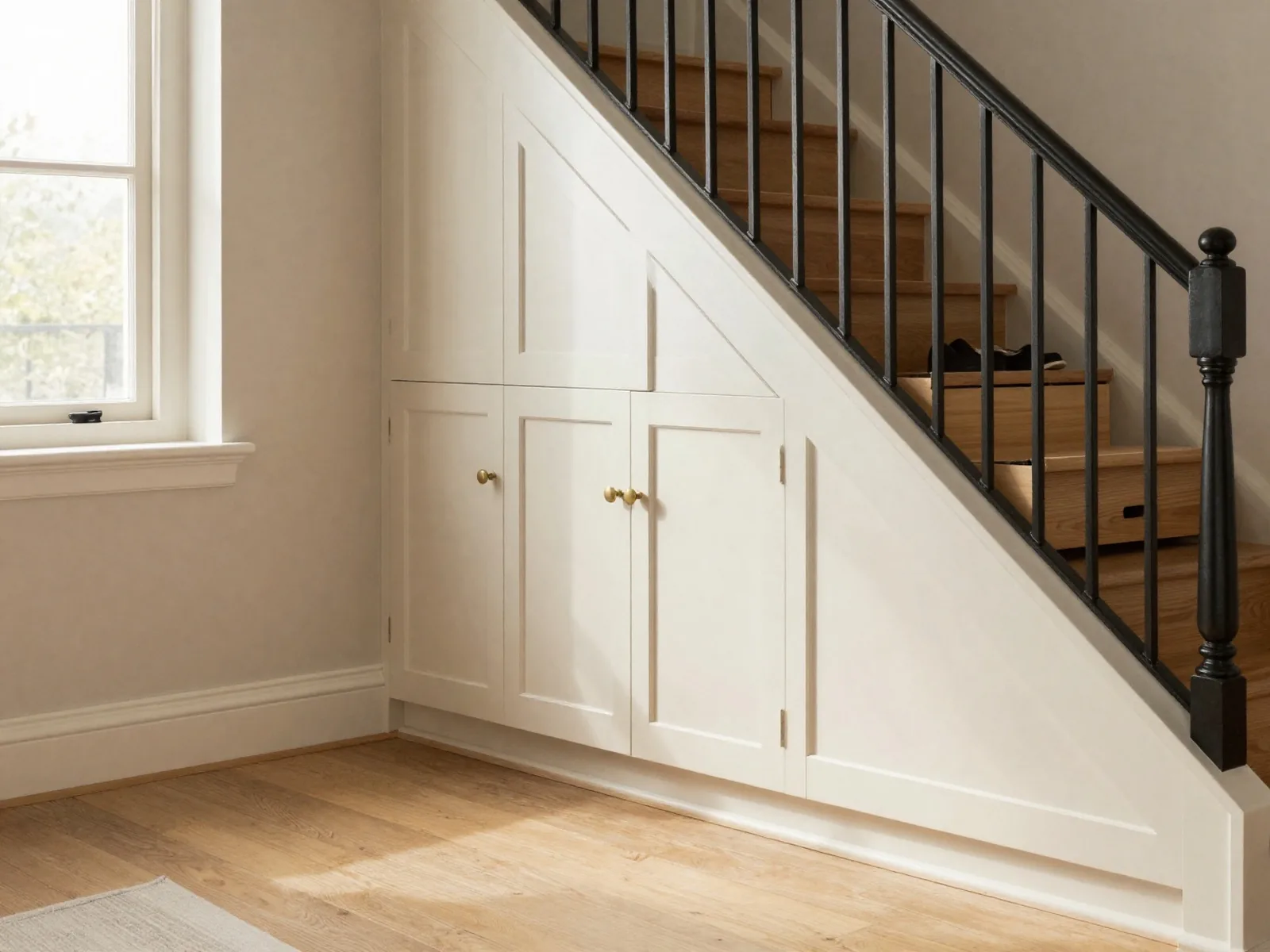 Hallway under-stairs storage with a sage drawer bank and tall cupboard beside a panelled door, under a ceiling light