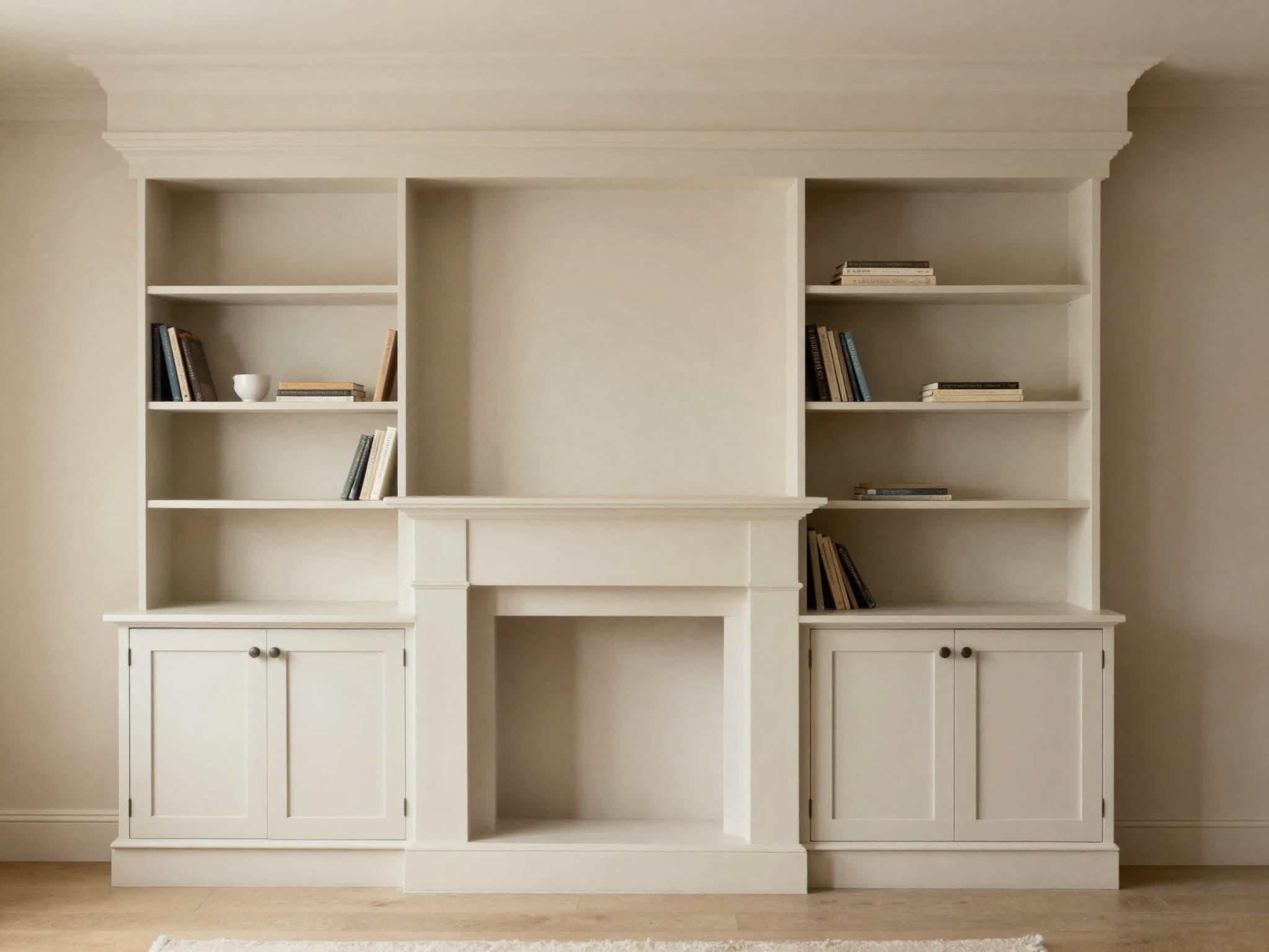 AI-generated illustration: made-to-measure alcove shelving either side of a chimney breast with lower shaker cupboards and open adjustable shelves.