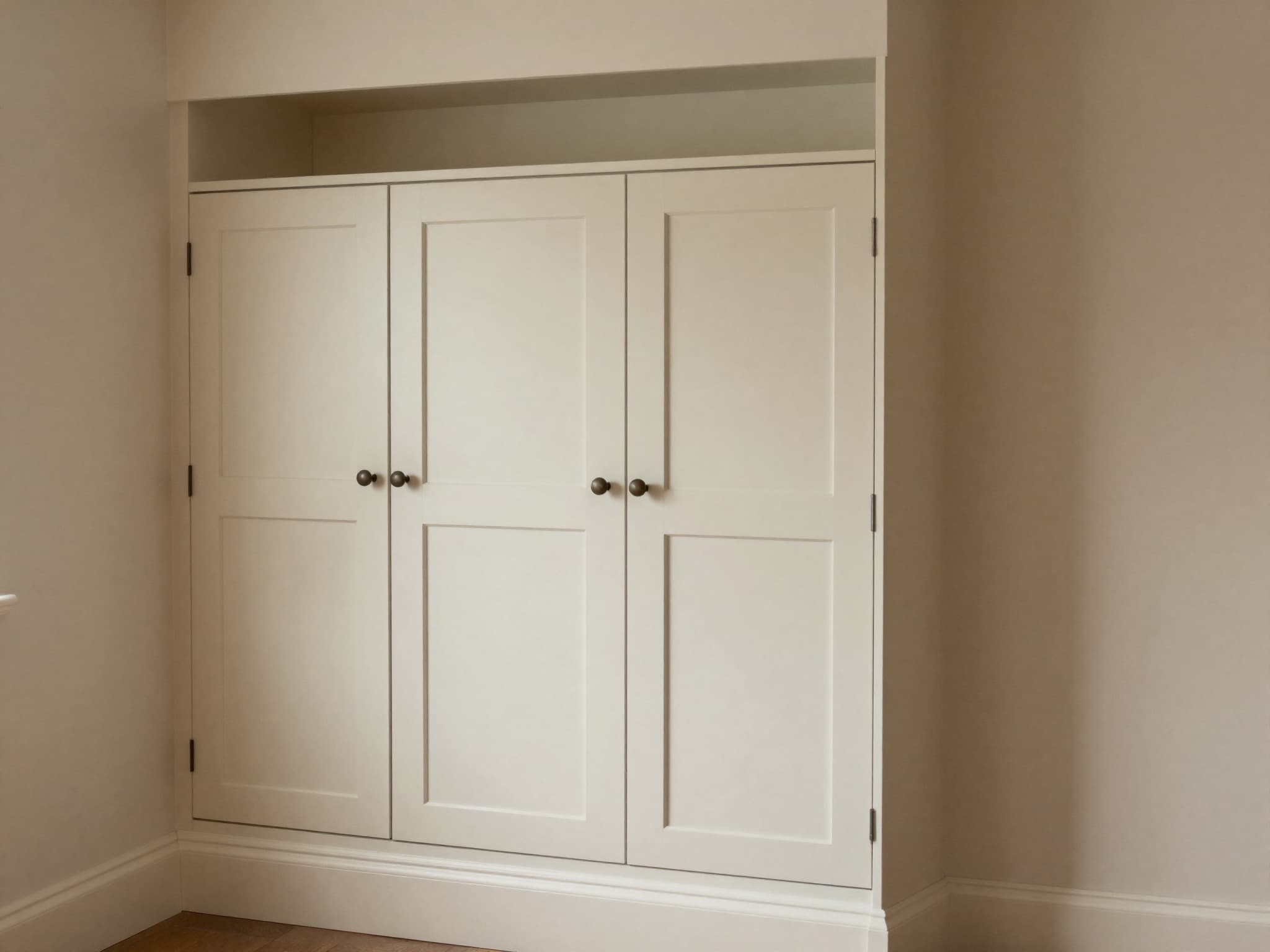 AI-generated illustration: fitted made-to-measure cupboards built into a shallow recess with four shaker doors and scribed fillers to both walls.