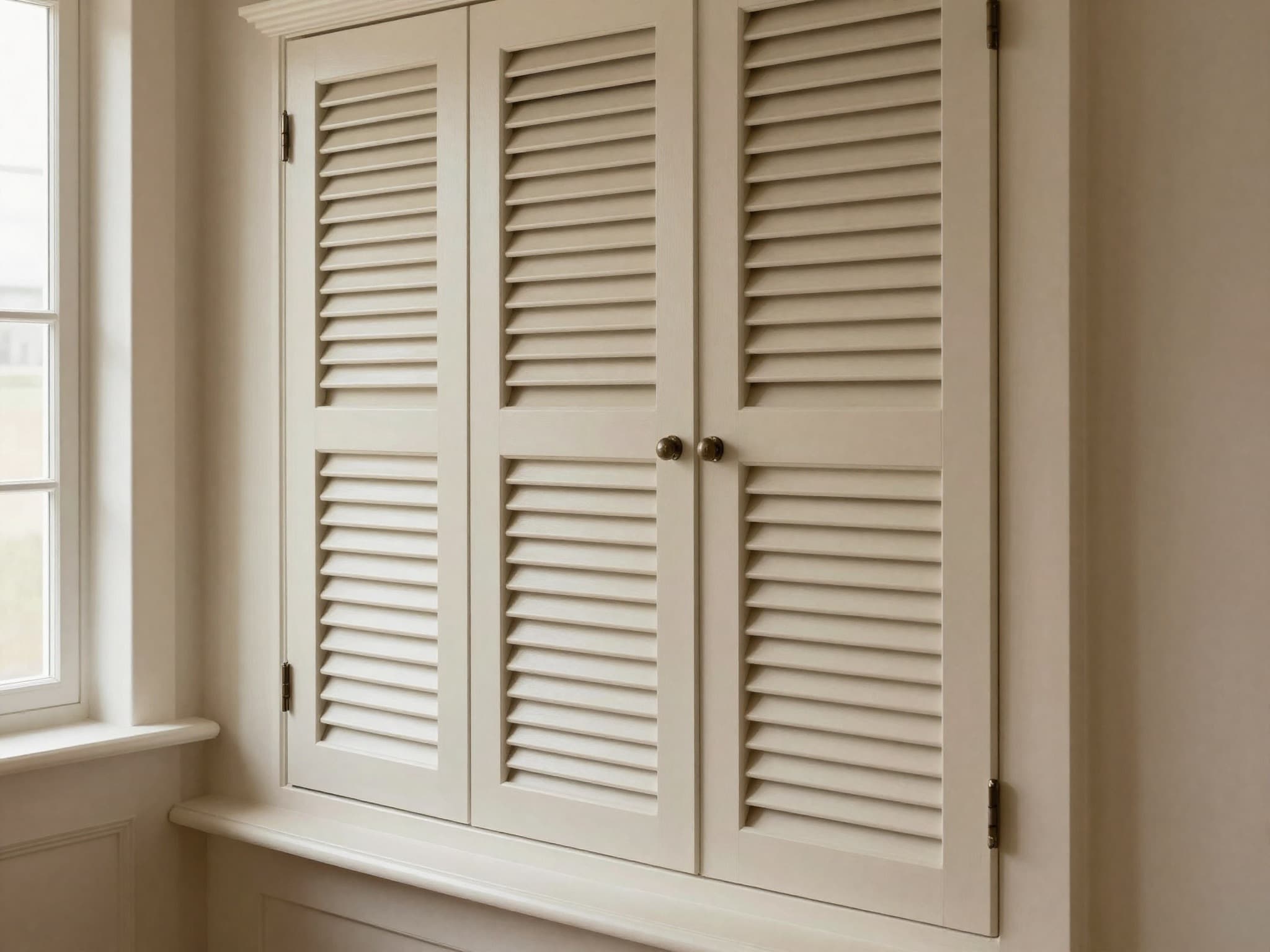 AI-generated illustration: decorative shutter-style fitted MDF panels with routed vertical grooves beside a window and low cupboard.