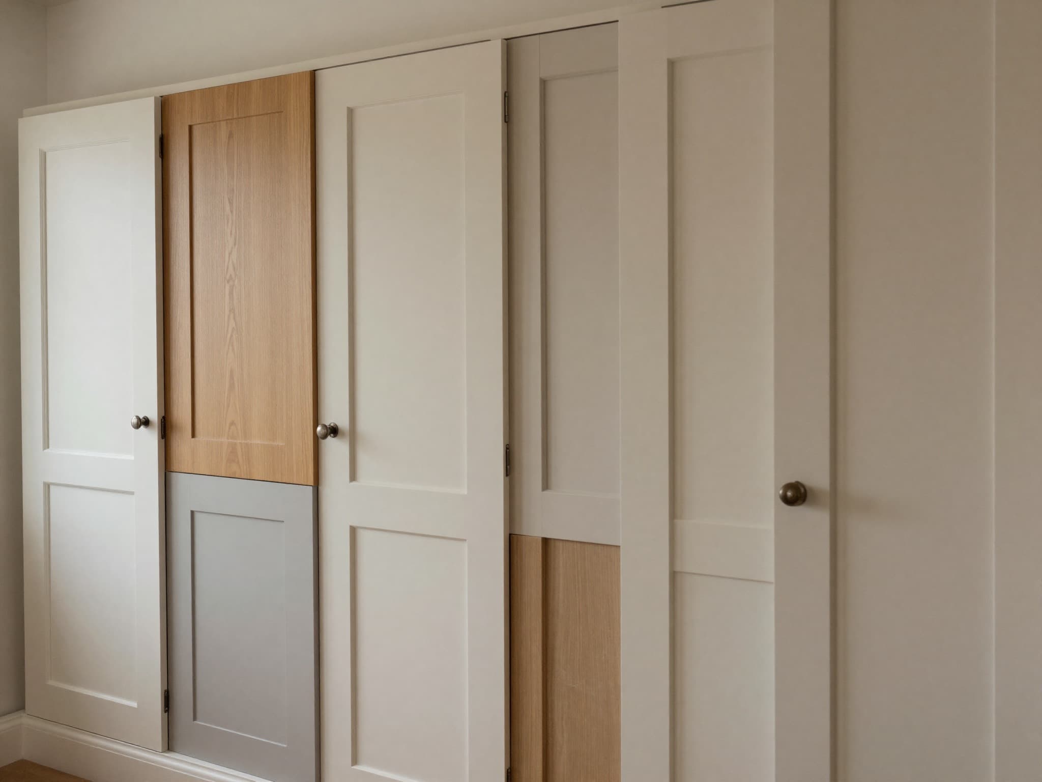 AI-generated illustration: made-to-measure replacement furniture doors in a fitted storage run mixing shaker, slab and access panels.