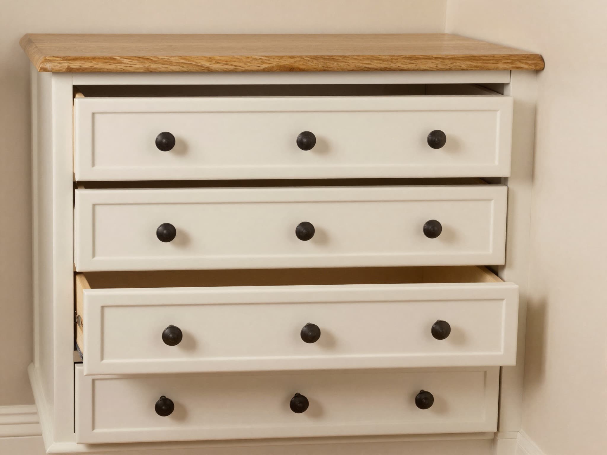 AI-generated illustration: a bespoke soft-close drawer unit with five graduated shaker fronts and one drawer open to show the timber interior.