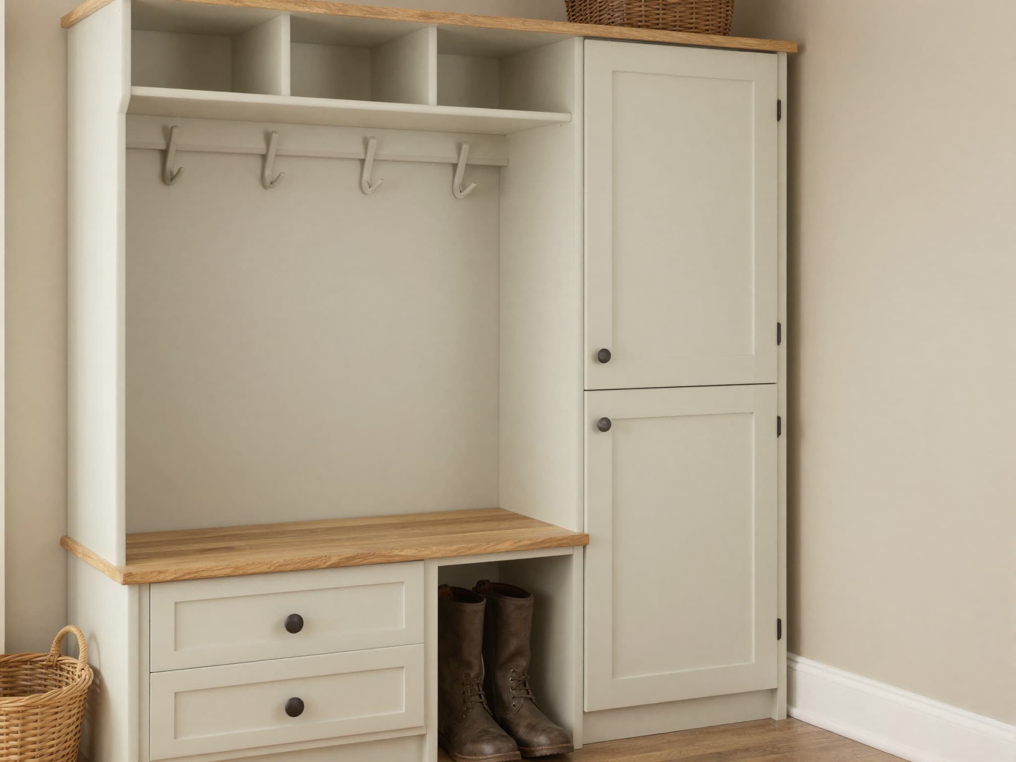 Fitted hallway and boot-room storage with locker-style bays for coats, bags and shoes.