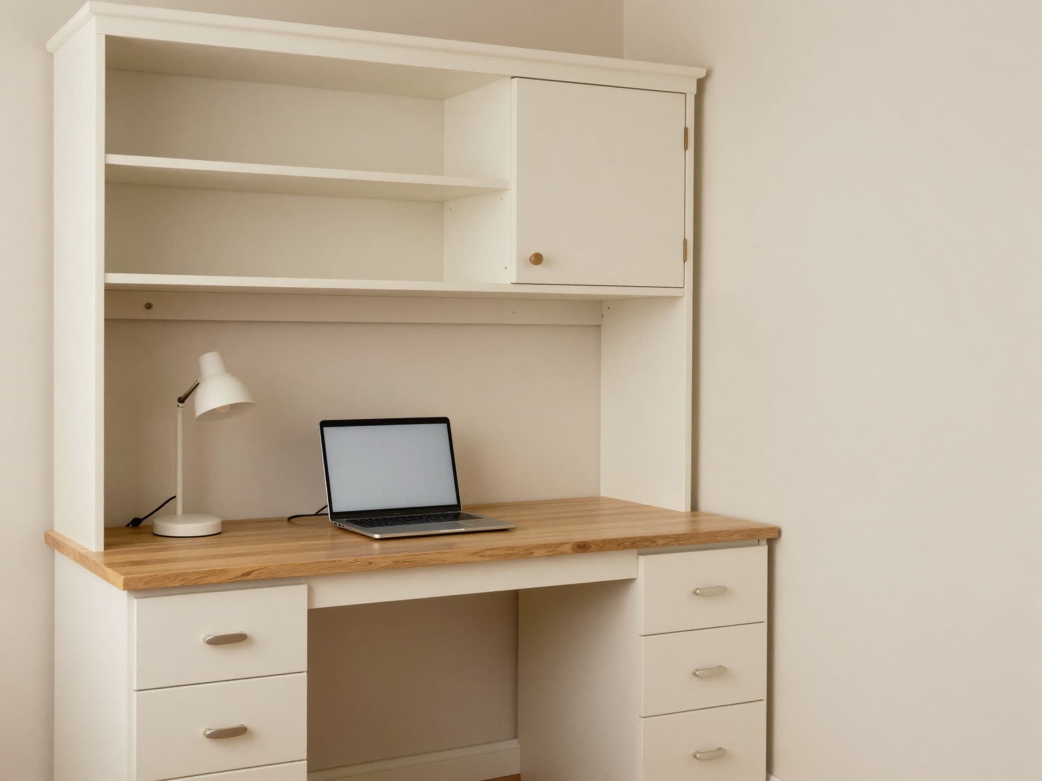 AI-generated illustration: a compact made-to-measure home-office nook with built-in desk, overhead shelving and drawer pedestal.