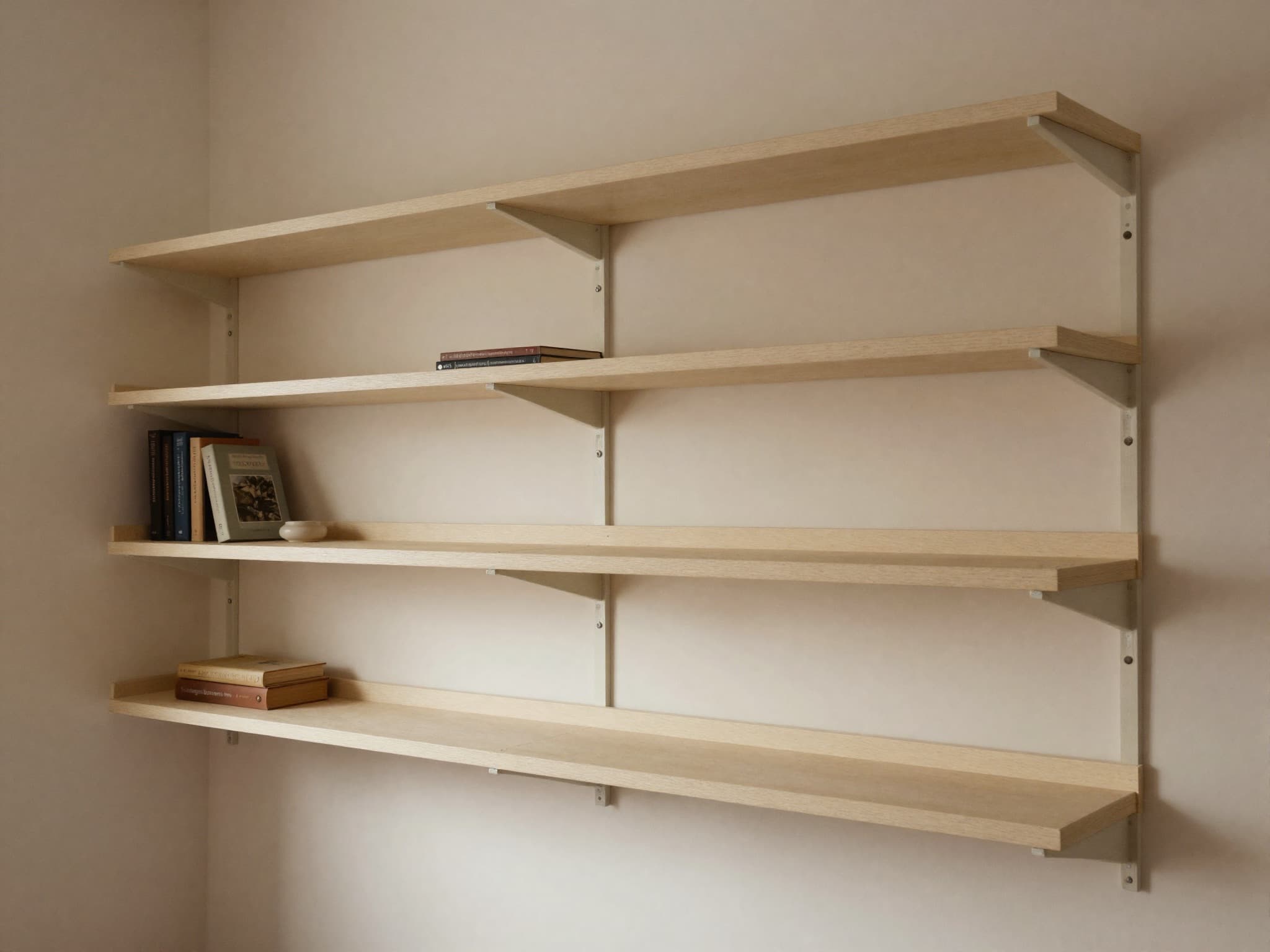 AI-generated illustration: a long run of made-to-measure painted shelves fitted wall to wall with scribed ends.