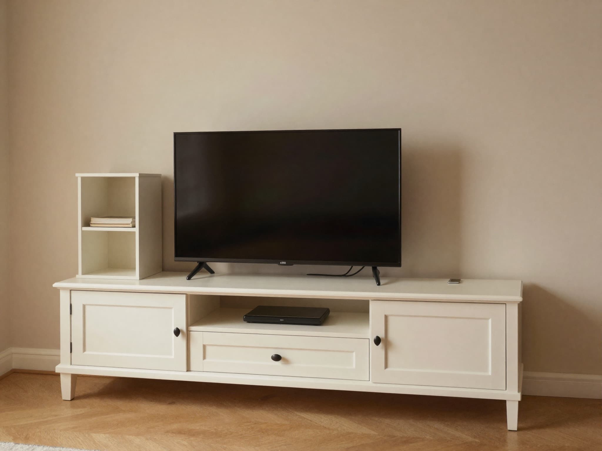 AI-generated illustration: a made-to-measure TV media unit with low cabinets, side display shelving and a cable-managed centre.