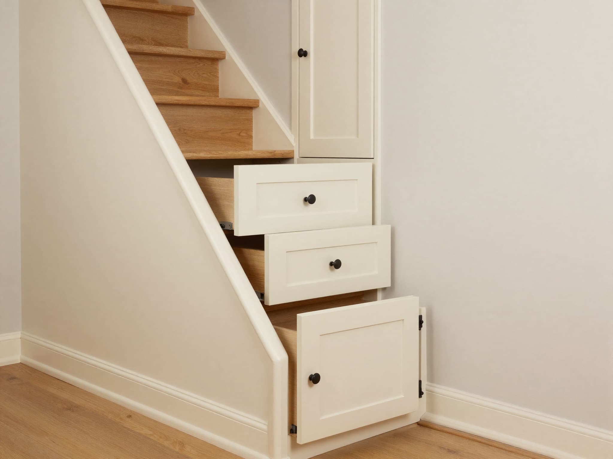 AI-generated illustration: bespoke under-stairs storage with angled shaker doors following the stair rake, a three-drawer bank at the low end and a tall cupboard at the high end.