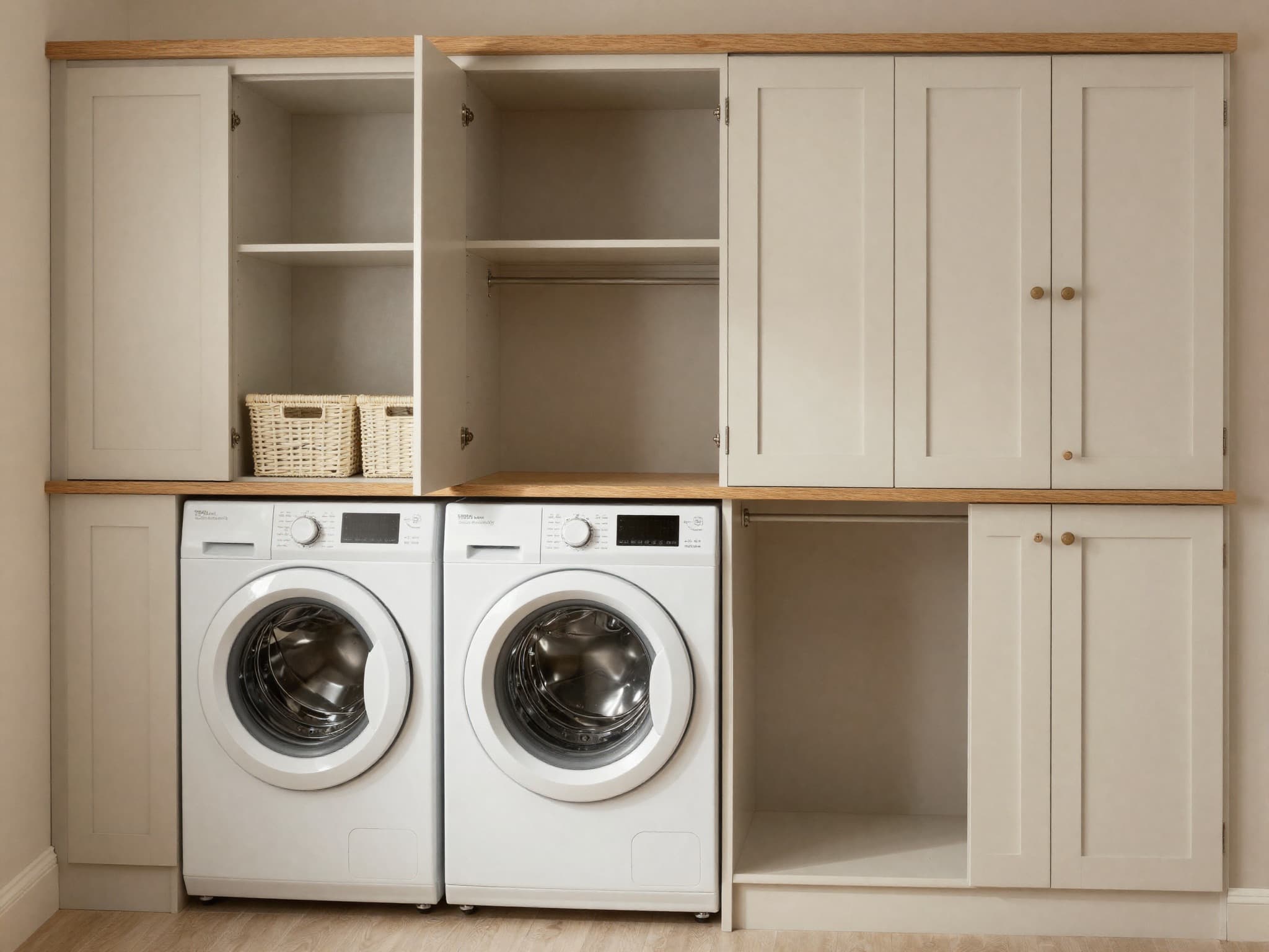 Utility cabinetry and appliance storage reference for planning fitted laundry cupboards.