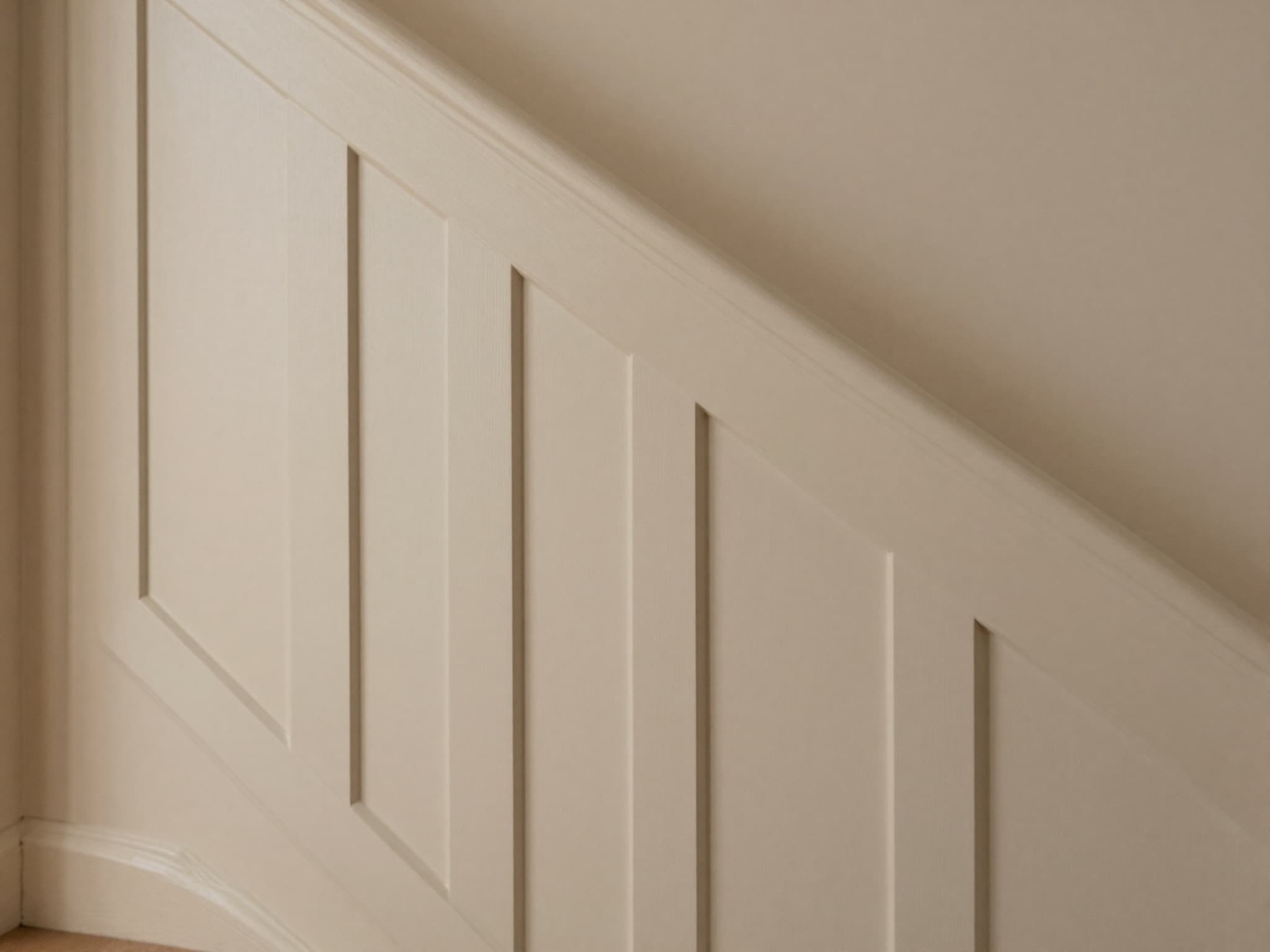 AI-generated illustration: fitted wall panelling on a hallway stair landing with painted rails, moulded panels and integrated dado.