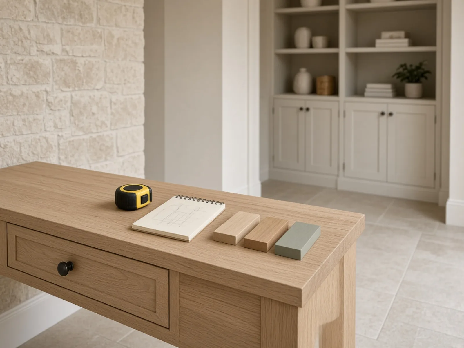 Illustration: a tape measure, sketch notepad and timber finish swatches laid out on a hallway console table, with fitted alcove shelving visible behind